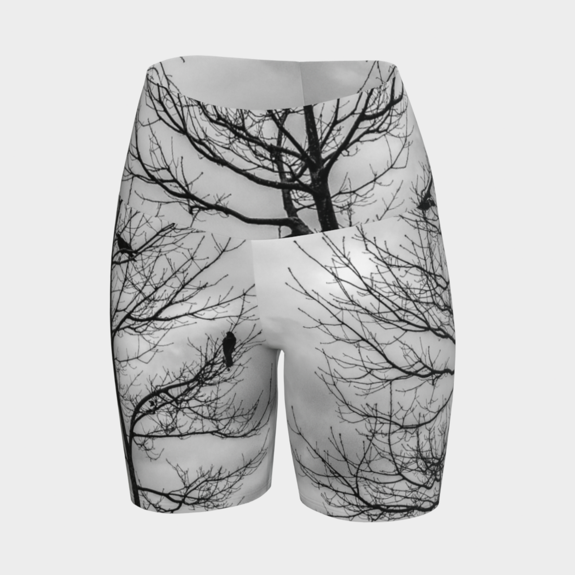 All over print crows yoga shorts.  Black and white image of crows in a tree.