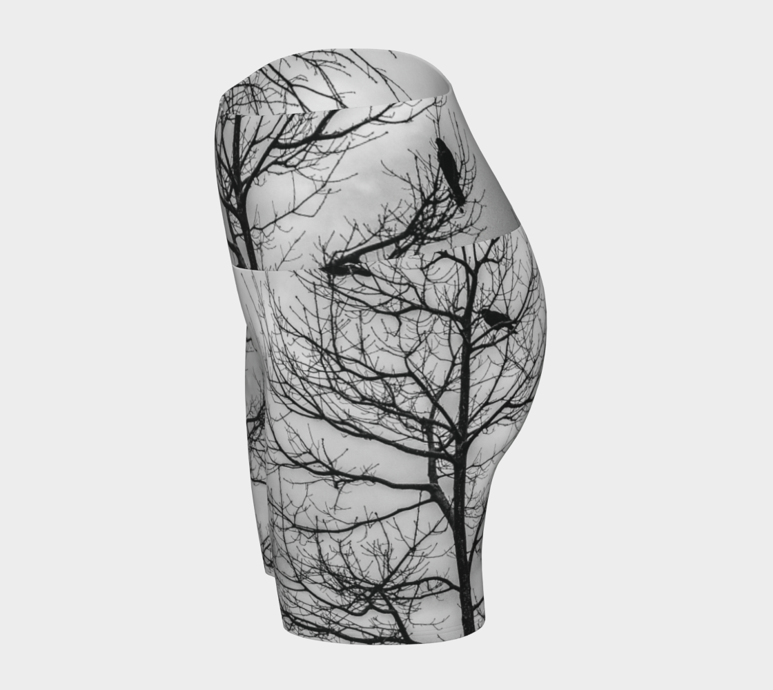 All over print crows yoga shorts.  Black and white image of crows in a tree.