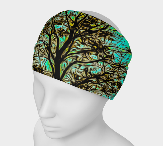 Island Tree of Life Headband Neck gaiter features a image of a tree with the sunsetting behind it