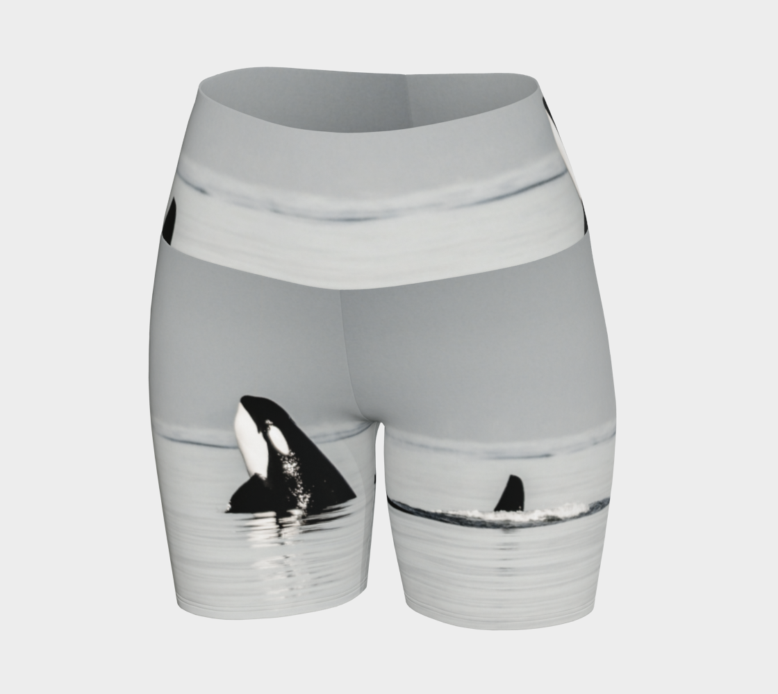 Orca Spy Hop Yoga Shorts is all over printed with a image of a orca in the spy hop position which is where they hover out of the water to look around.  